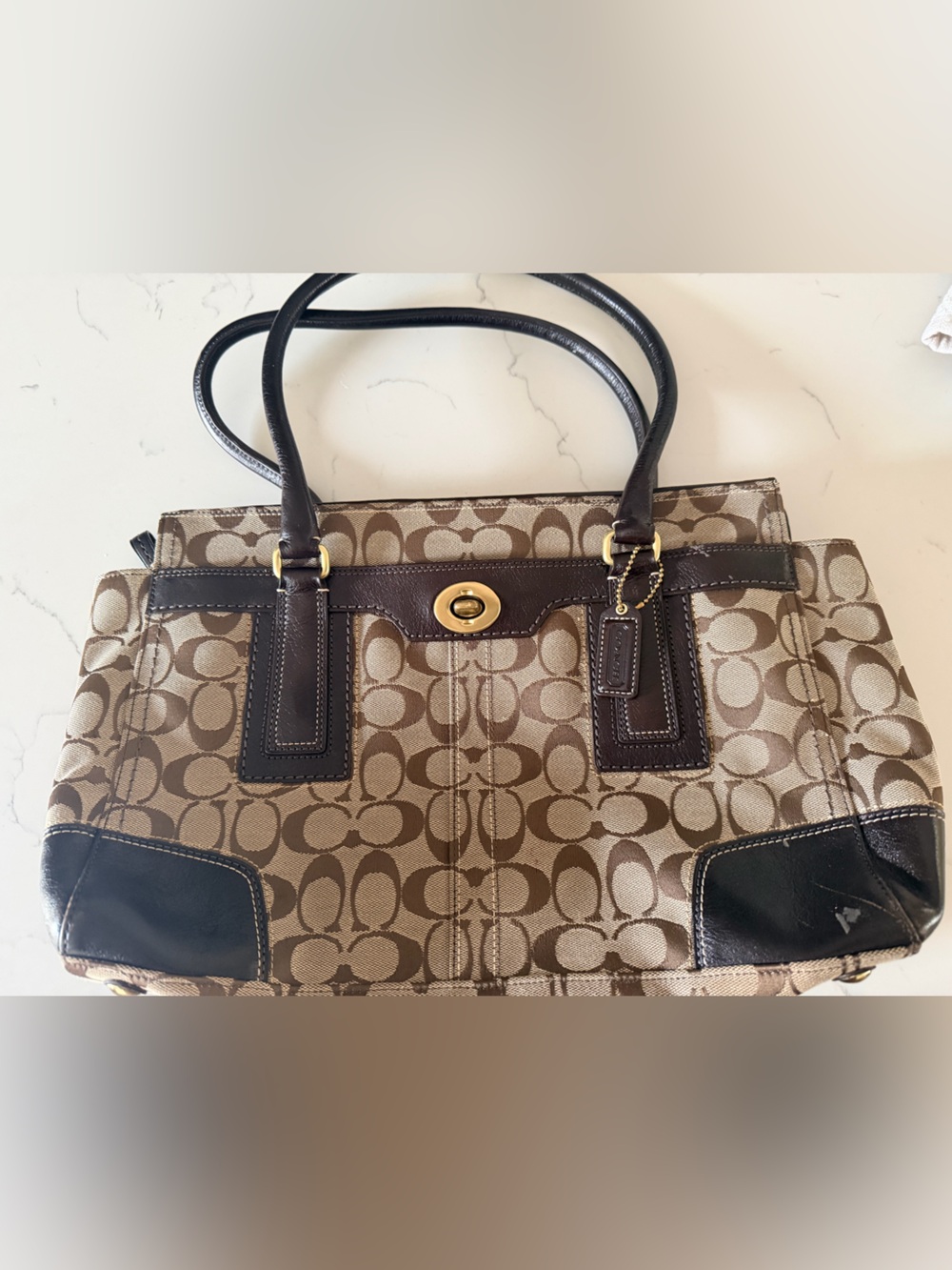 Coach Brown Signature Canvas Tote with Dark Brown Leather Trim and Gold Hardware - Picture 1 of 3